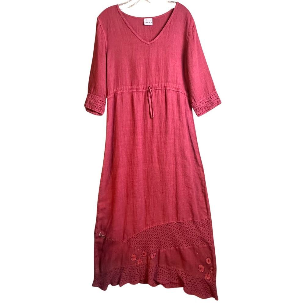 Vtg 90s Y2K Stamp‎ Maxi Dress Long Sleeve Travel Lagenlook Maroon Cottagecore M